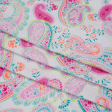 Stretch Rayon Jersey Print - Pink, Teal and Orange Paisleys on White - Deadstock