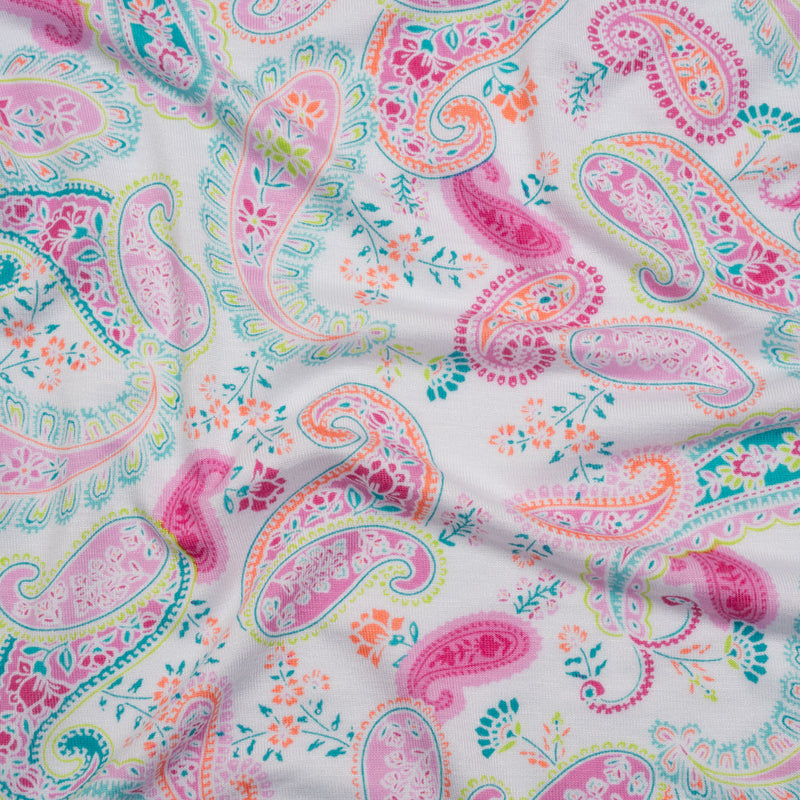Stretch Rayon Jersey Print - Pink, Teal and Orange Paisleys on White - Deadstock