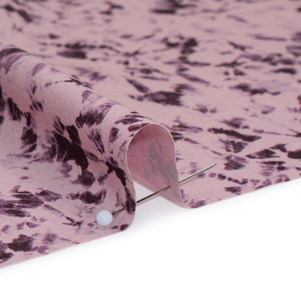 Stretch Polyester Woven - Dusty Lilac and Aubergine Abstract Tie Dye - Deadstock
