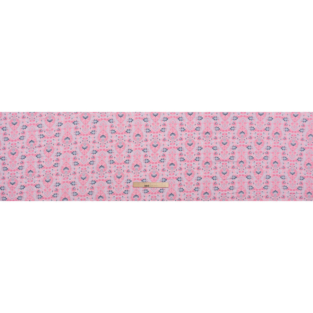 Stretch Rayon Jersey Print - Pink, Sky and Navy Jacobean Floral Damask - Deadstock