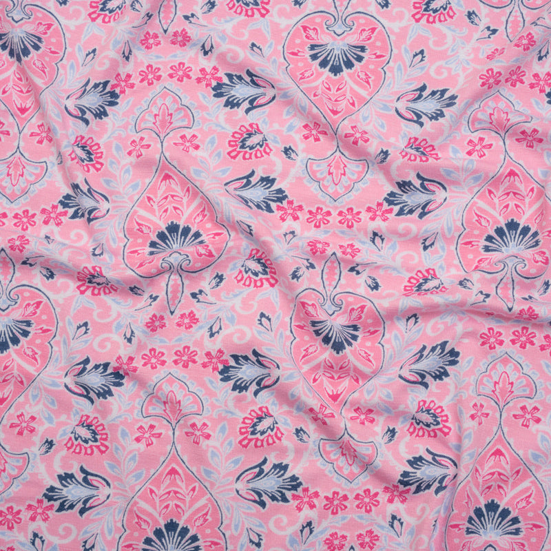Stretch Rayon Jersey Print - Pink, Sky and Navy Jacobean Floral Damask - Deadstock