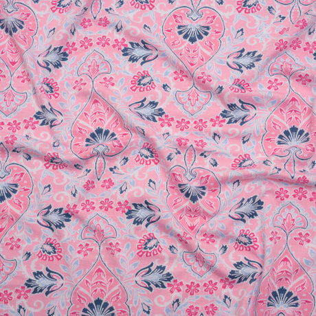 Stretch Rayon Jersey Print - Pink, Sky and Navy Jacobean Floral Damask - Deadstock