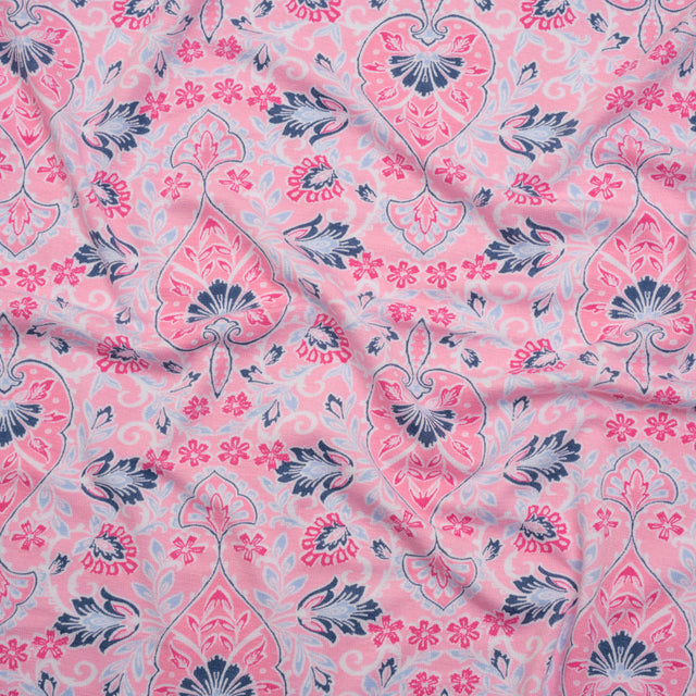 Stretch Rayon Jersey Print - Pink, Sky and Navy Jacobean Floral Damask - Deadstock