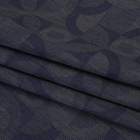 Cotton Dobby Shirting - Navy Blue and Gray Circles in Squares - Deadstock