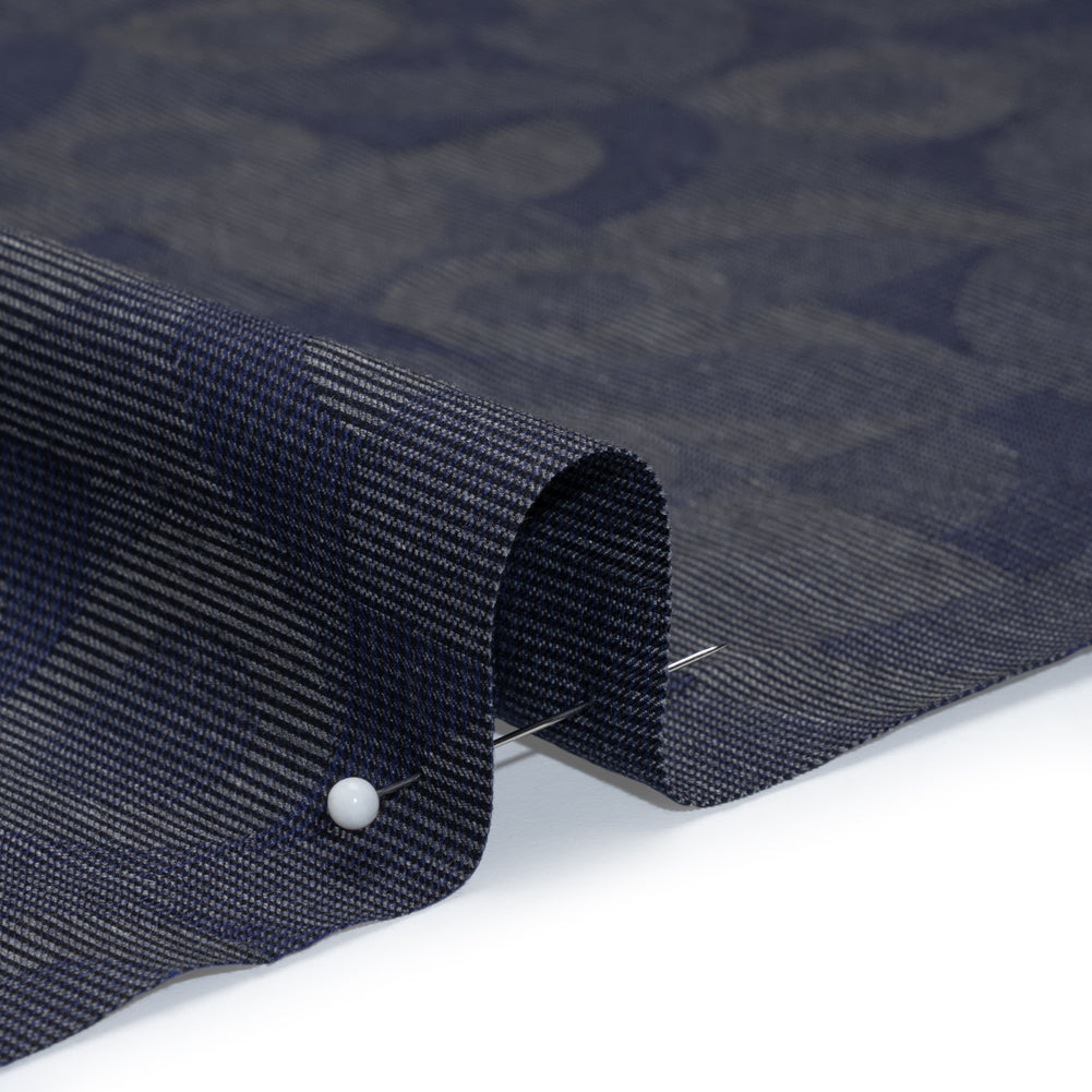 Cotton Dobby Shirting - Navy Blue and Gray Circles in Squares - Deadstock