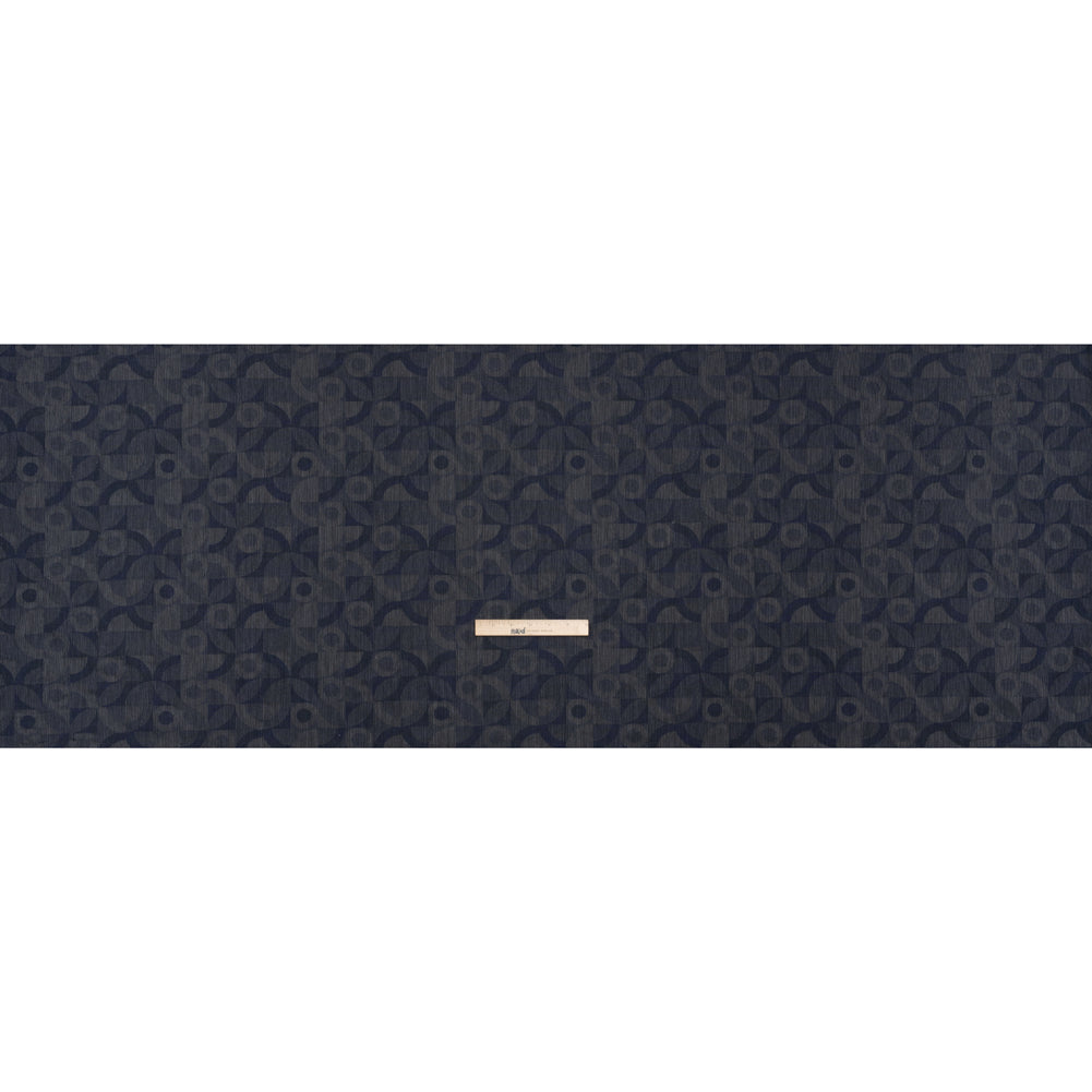 Cotton Dobby Shirting - Navy Blue and Gray Circles in Squares - Deadstock