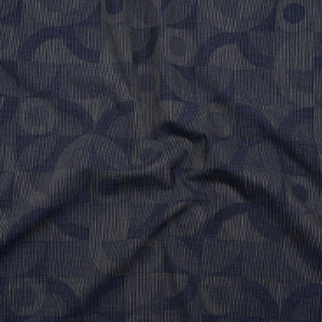 Cotton Dobby Shirting - Navy Blue and Gray Circles in Squares - Deadstock