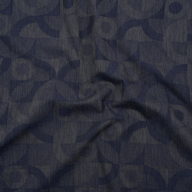 Cotton Dobby Shirting - Navy Blue and Gray Circles in Squares - Deadstock