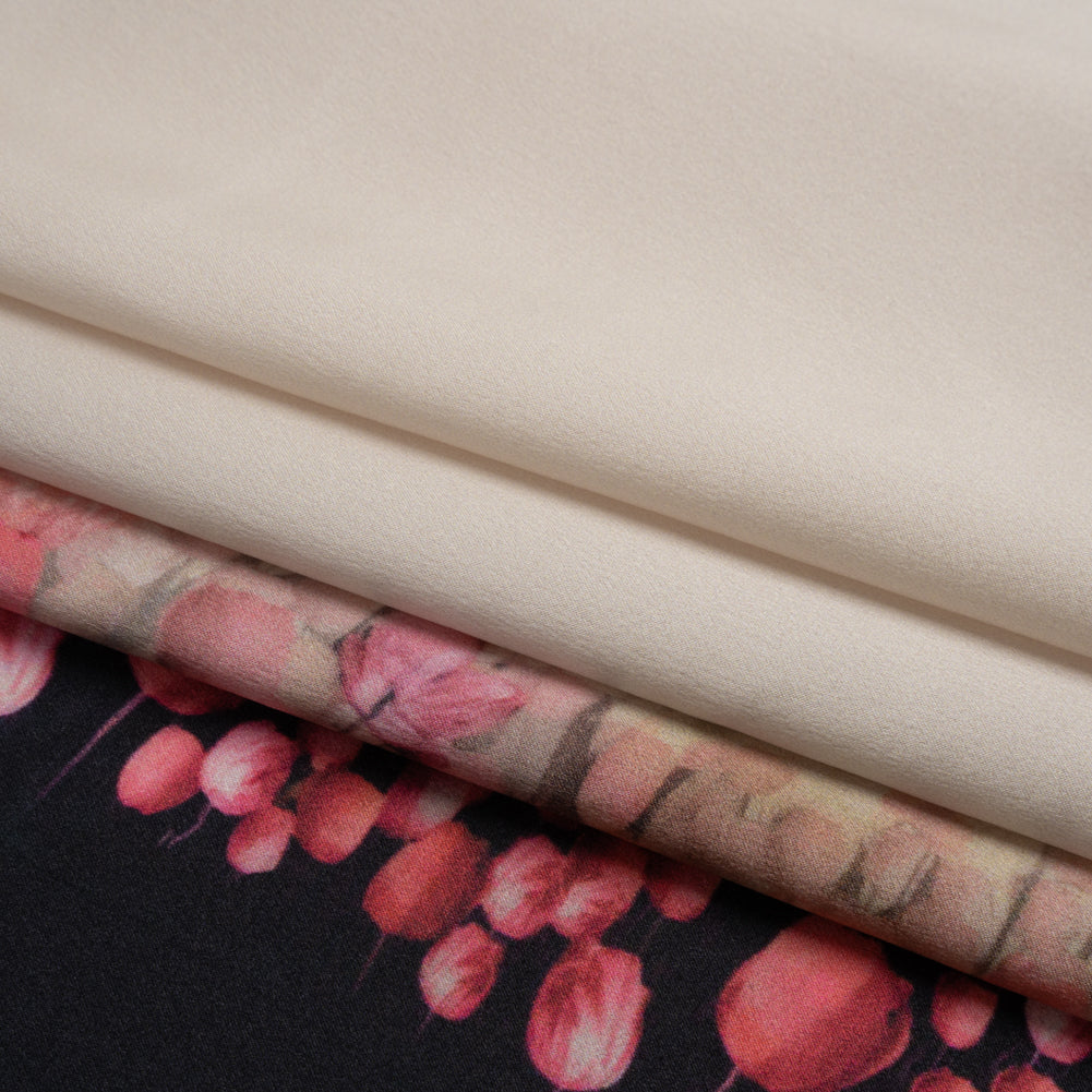 Silk Charmeuse 19mm - Pink, Black and Cream Floral Field Border