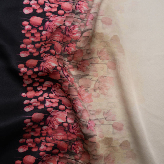 Silk Charmeuse 19mm - Pink, Black and Cream Floral Field Border