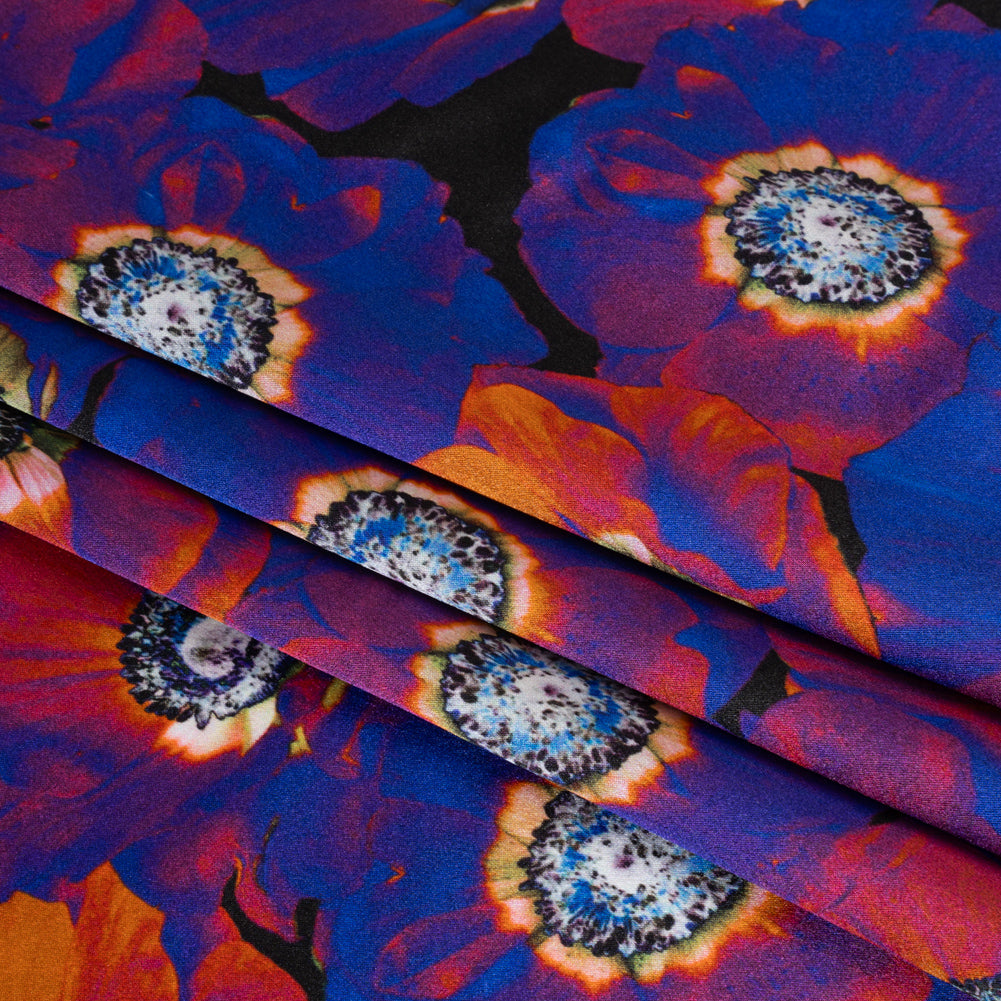Silk Charmeuse 19mm - Ultraviolet Blue, Orange and Black Glowing Flowers