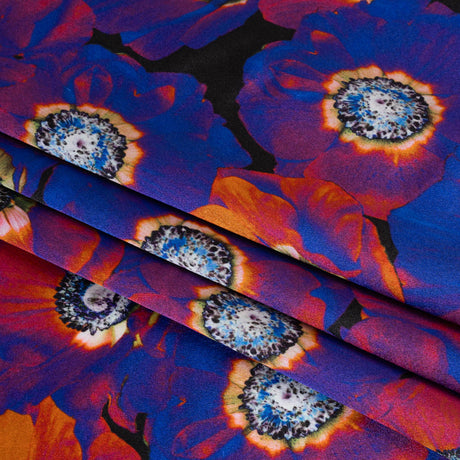 Silk Charmeuse 19mm - Ultraviolet Blue, Orange and Black Glowing Flowers