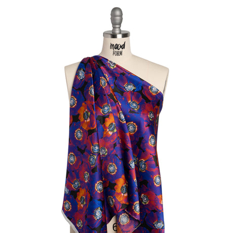 Silk Charmeuse 19mm - Ultraviolet Blue, Orange and Black Glowing Flowers
