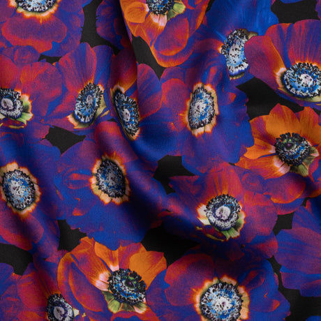 Silk Charmeuse 19mm - Ultraviolet Blue, Orange and Black Glowing Flowers