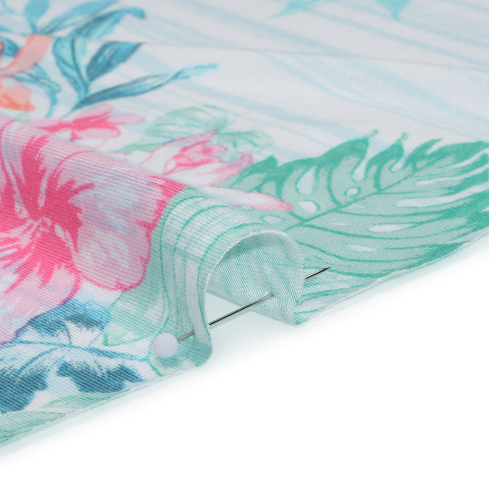 Stretch Rayon Jersey Print - Pale Blue, Coral and Pink Tropical Florals over Stripes - Deadstock
