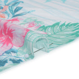 Stretch Rayon Jersey Print - Pale Blue, Coral and Pink Tropical Florals over Stripes - Deadstock