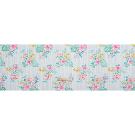 Stretch Rayon Jersey Print - Pale Blue, Coral and Pink Tropical Florals over Stripes - Deadstock