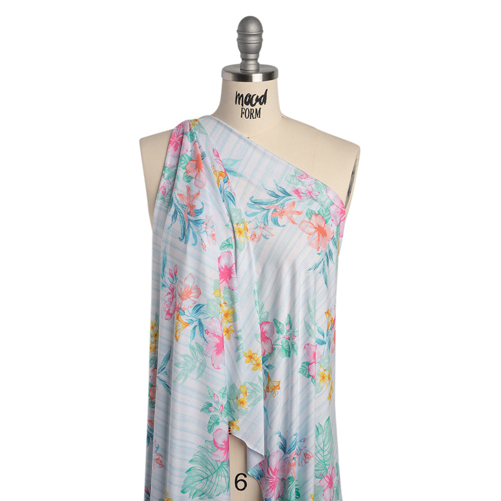 Stretch Rayon Jersey Print - Pale Blue, Coral and Pink Tropical Florals over Stripes - Deadstock