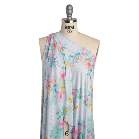 Stretch Rayon Jersey Print - Pale Blue, Coral and Pink Tropical Florals over Stripes - Deadstock
