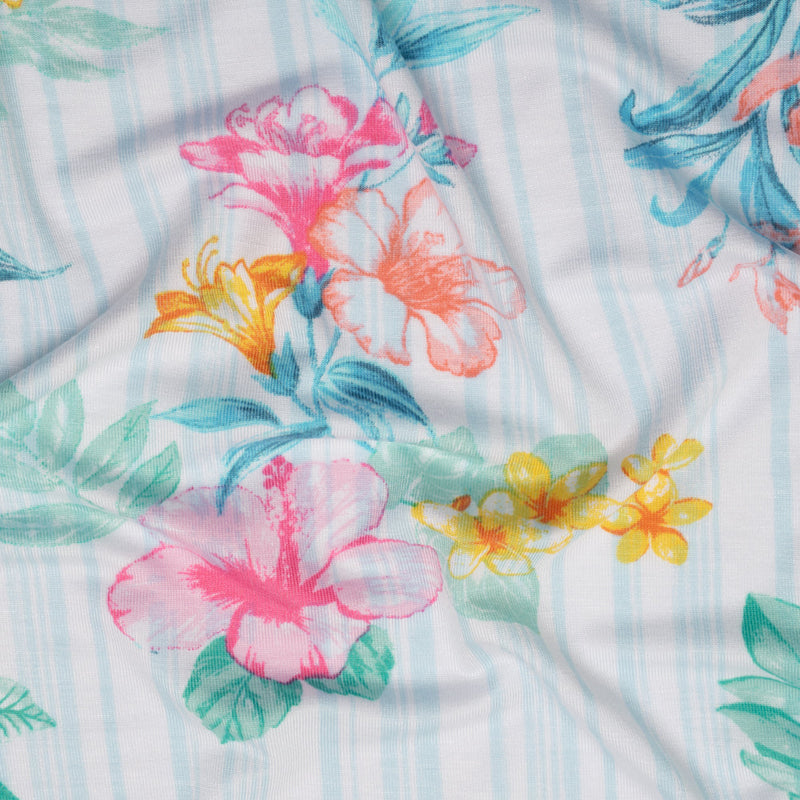 Stretch Rayon Jersey Print - Pale Blue, Coral and Pink Tropical Florals over Stripes - Deadstock
