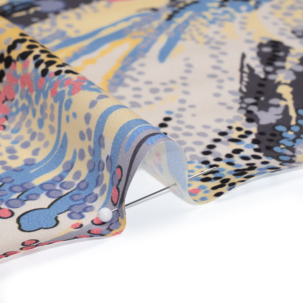 Silk Charmeuse Print - Pink, Butter Yellow and Sky Blue Flowing Streaks and Spots - Made in Italy