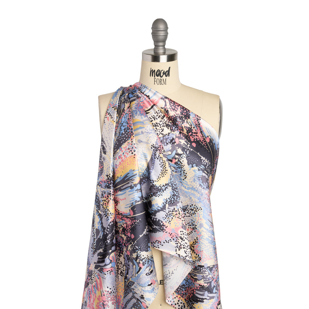 Silk Charmeuse Print - Pink, Butter Yellow and Sky Blue Flowing Streaks and Spots - Made in Italy