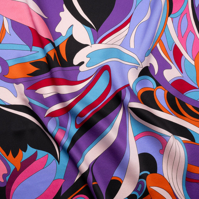 Silk Charmeuse Print - Periwinkle, Orange and Fuchsia Retro Floral Swirl - Made in Italy