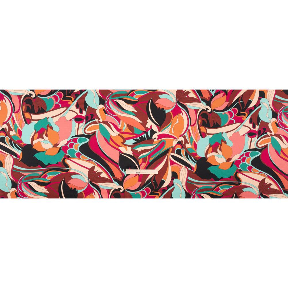 Silk Charmeuse Print - Brown, Teal and Magenta Retro Floral Swirl - Made in Italy