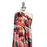 Silk Charmeuse Print - Brown, Teal and Magenta Retro Floral Swirl - Made in Italy