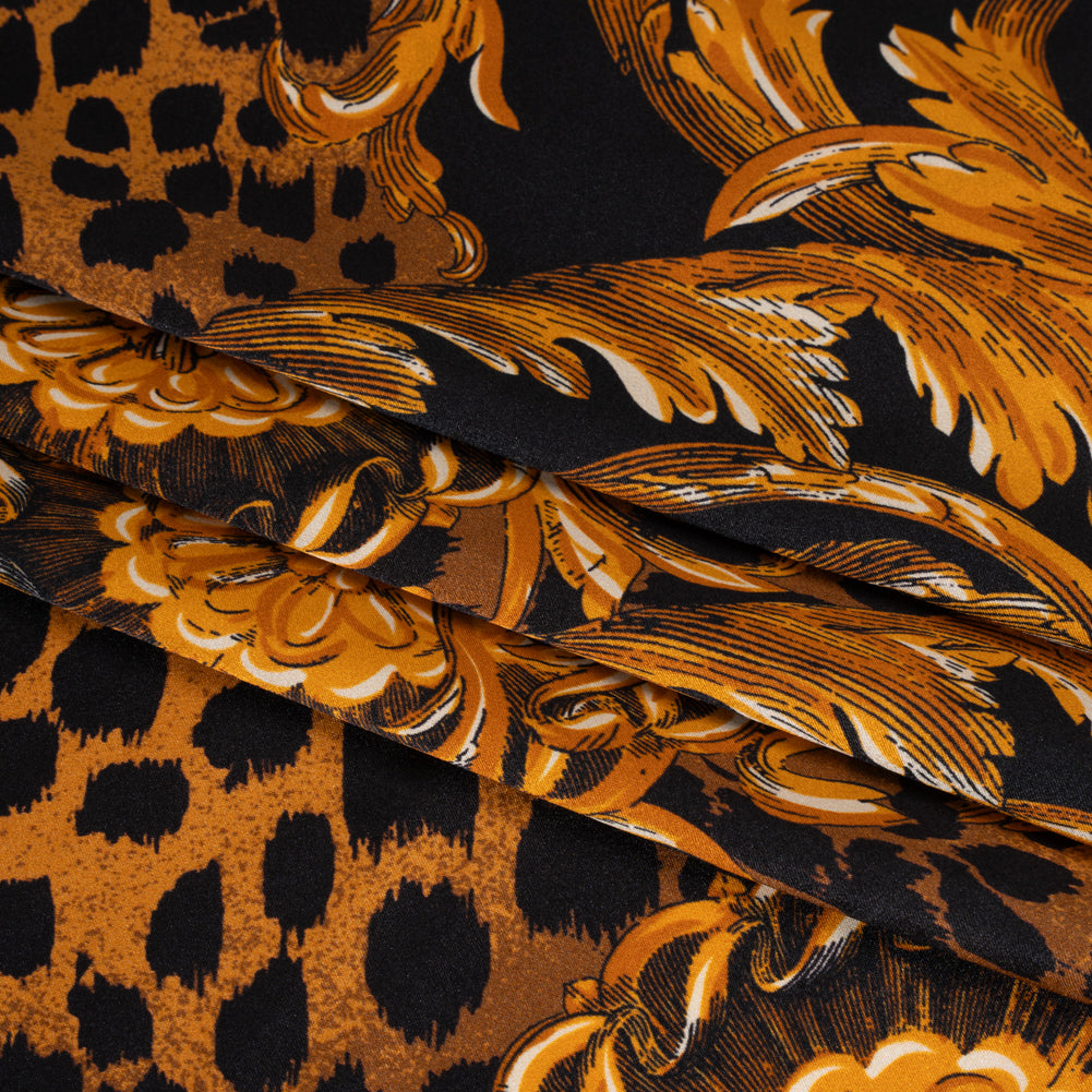 Silk Charmeuse Print - Black and Gold Floral Ornaments and Animal Spots - Made in Italy