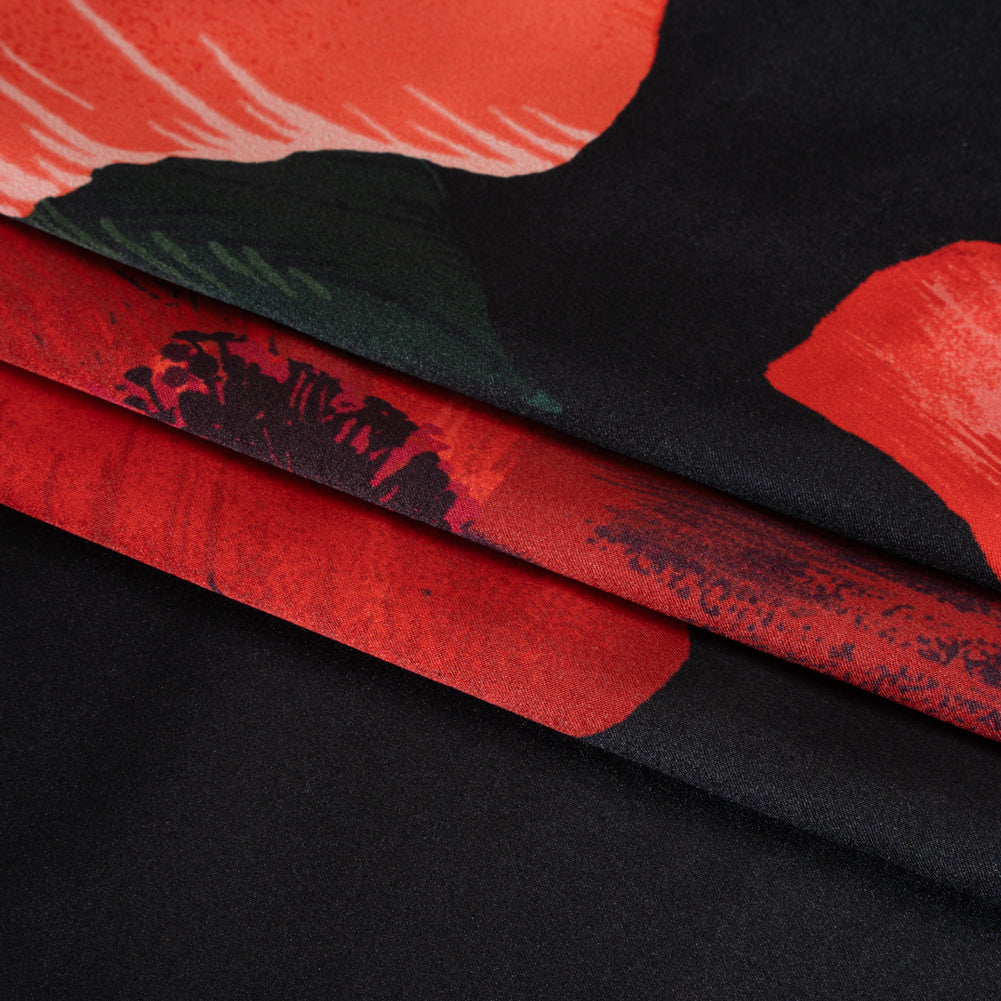 Silk Charmeuse Print - Black, Red and Green Big Poppies - Made in Italy