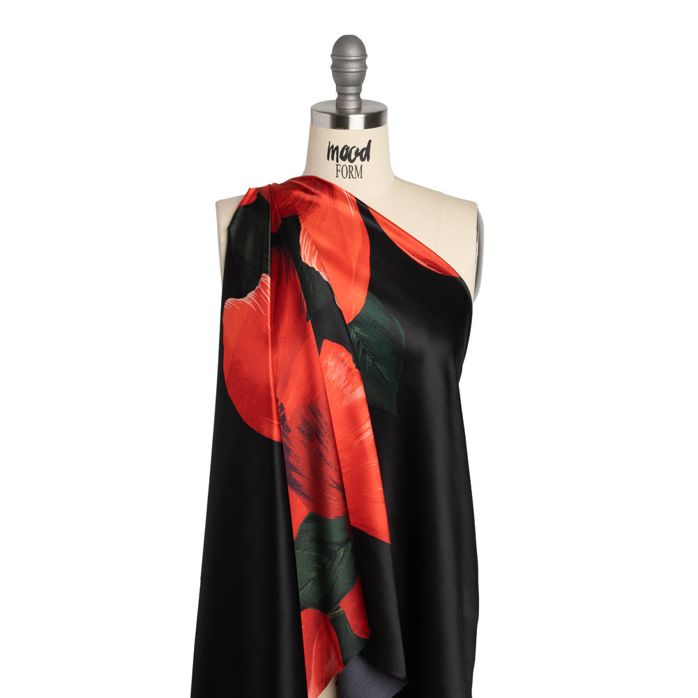 Silk Charmeuse Print - Black, Red and Green Big Poppies - Made in Italy