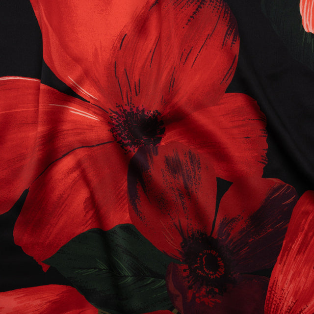 Silk Charmeuse Print - Black, Red and Green Big Poppies - Made in Italy
