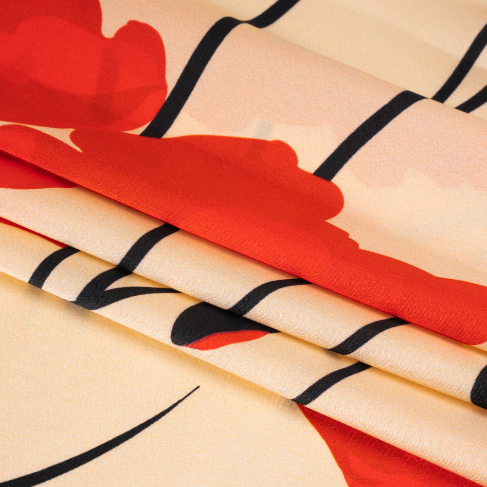Silk Charmeuse Print - Beige, Red and Black Poppy Stems Border - Made in Italy