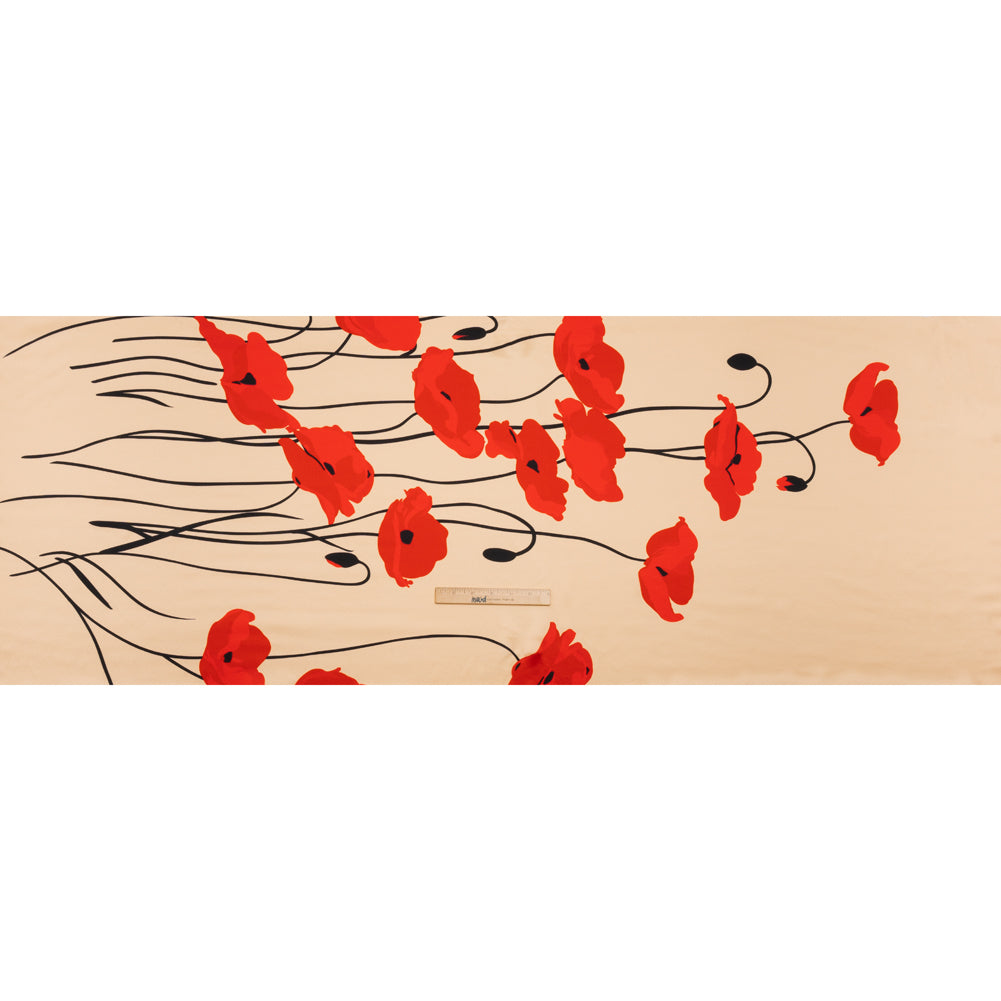 Silk Charmeuse Print - Beige, Red and Black Poppy Stems Border - Made in Italy