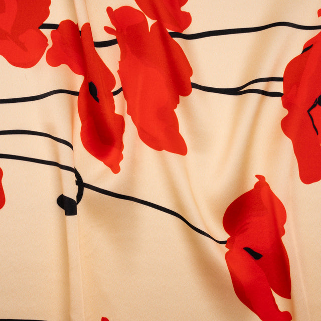Silk Charmeuse Print - Beige, Red and Black Poppy Stems Border - Made in Italy