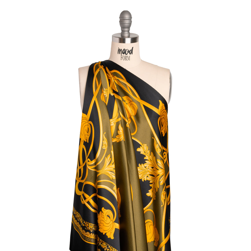 Silk Charmeuse Panel Print - Black, Olive Green and Gold Ornate Florals - Made in Italy