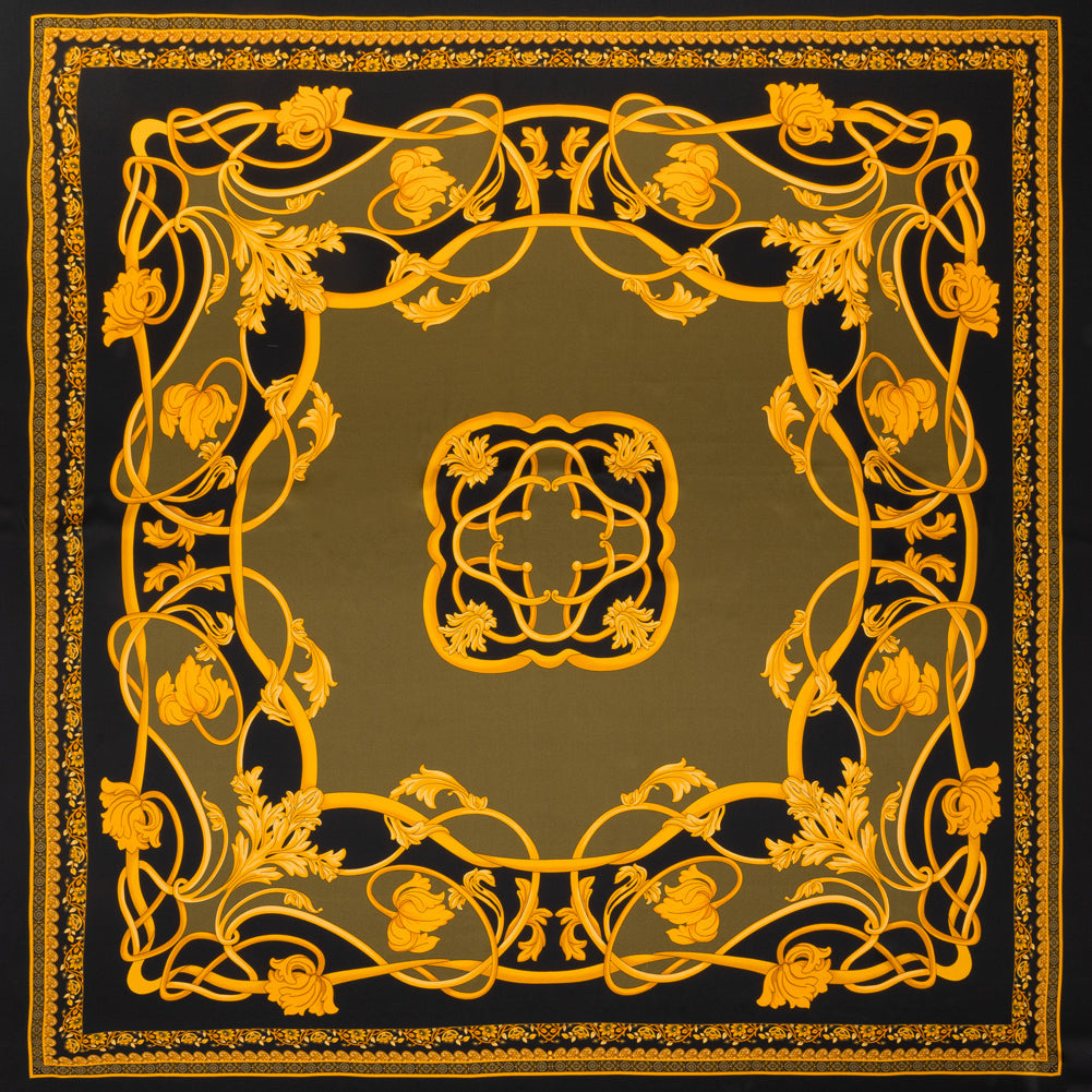 Silk Charmeuse Panel Print - Black, Olive Green and Gold Ornate Florals - Made in Italy