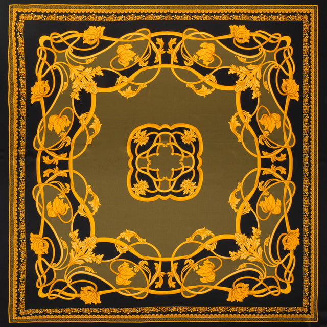 Silk Charmeuse Panel Print - Black, Olive Green and Gold Ornate Florals - Made in Italy