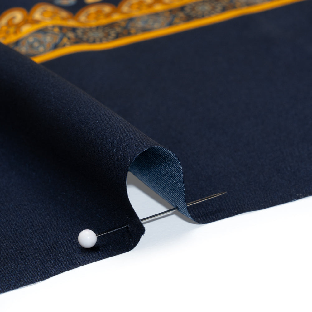Silk Charmeuse Panel Print - Navy, Country Blue and Gold Ornate Florals - Made in Italy