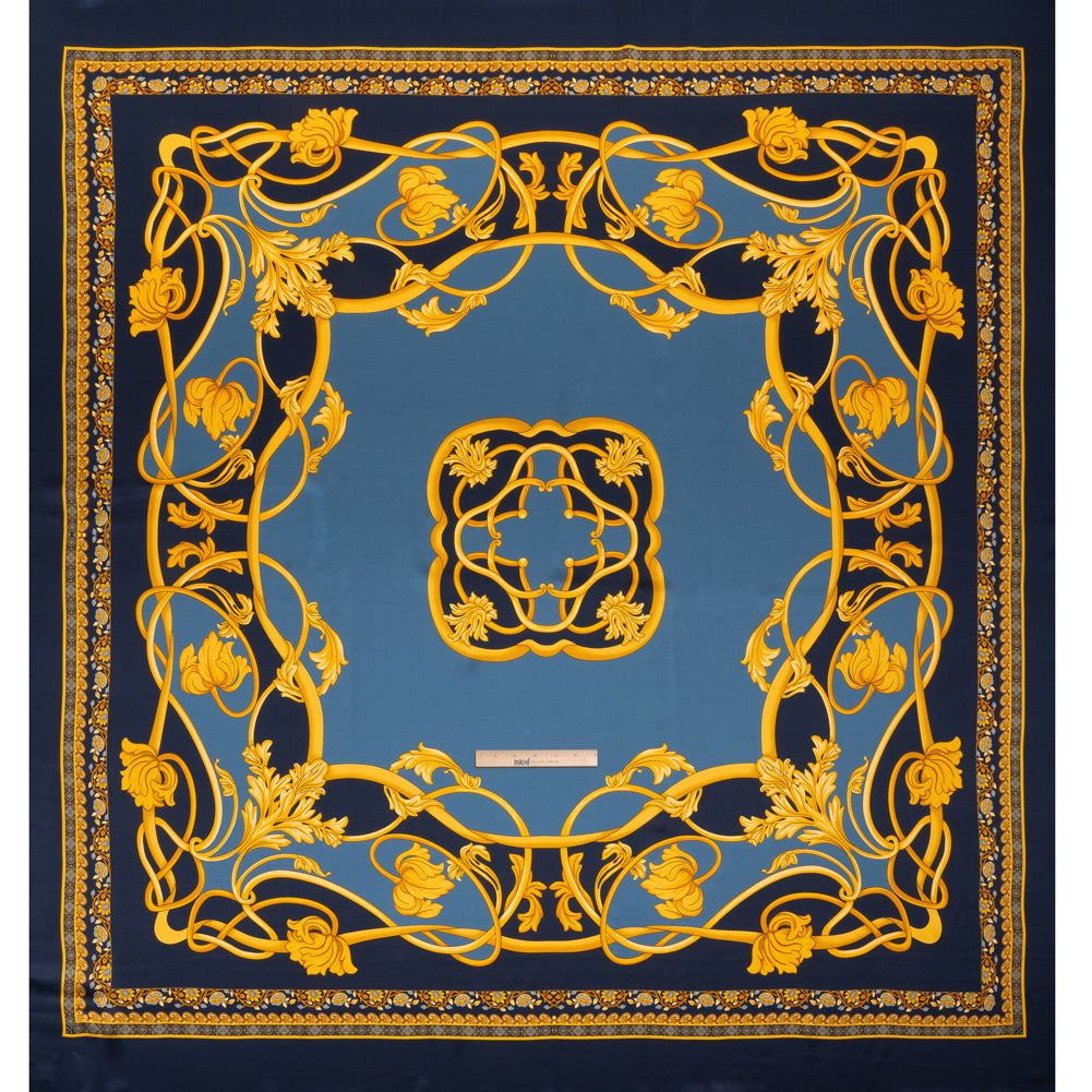 Silk Charmeuse Panel Print - Navy, Country Blue and Gold Ornate Florals - Made in Italy