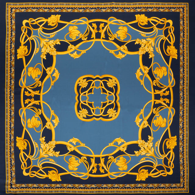 Silk Charmeuse Panel Print - Navy, Country Blue and Gold Ornate Florals - Made in Italy
