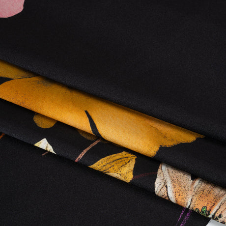 Silk Charmeuse Print - Black, Purple and Yellow Ochre Floral- Made in Italy