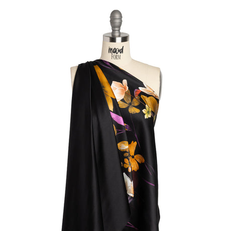 Silk Charmeuse Print - Black, Purple and Yellow Ochre Floral- Made in Italy