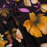 Silk Charmeuse Print - Black, Purple and Yellow Ochre Floral- Made in Italy