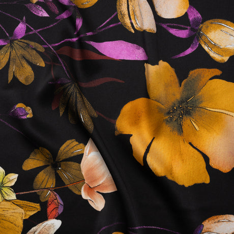 Silk Charmeuse Print - Black, Purple and Yellow Ochre Floral- Made in Italy