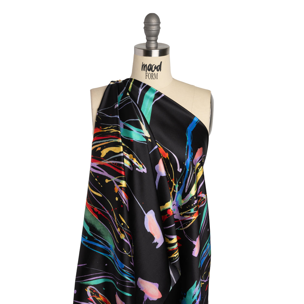 Silk Charmeuse Print - Black and Rainbow Paint Streaks and Splatters - Made in Italy