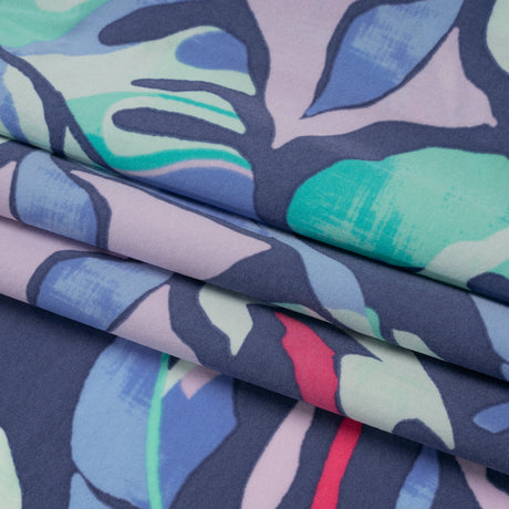 Stretch Nylon Crepe Print - Blue, Teal and Hot Pink Tropical Leaves - Deadstock
