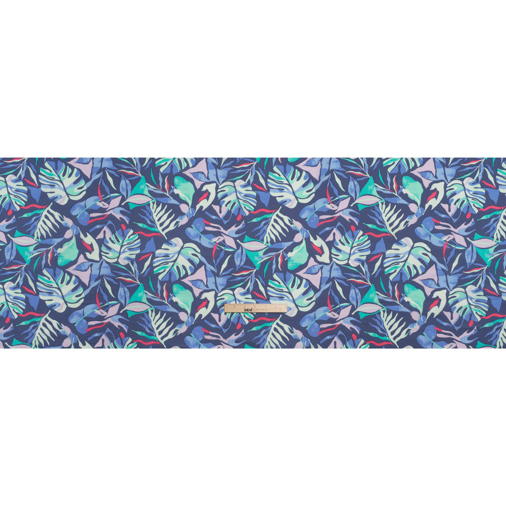 Stretch Nylon Crepe Print - Blue, Teal and Hot Pink Tropical Leaves - Deadstock
