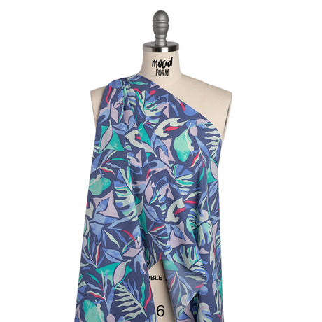 Stretch Nylon Crepe Print - Blue, Teal and Hot Pink Tropical Leaves - Deadstock